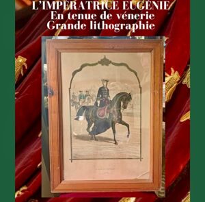 L'Impératrice Eugénie en tenue de vénerie à cheval en amazone lithographie réhaussée encadrée