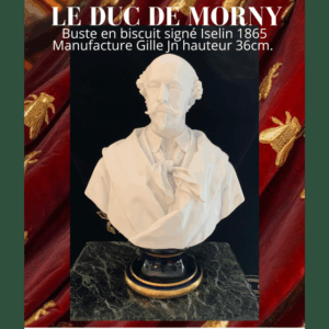 Le duc de Morny buste en biscuit de porcelaine sur piédouche émaillé bleu signé « Iselin 1865 » - «Gille jne fabt»