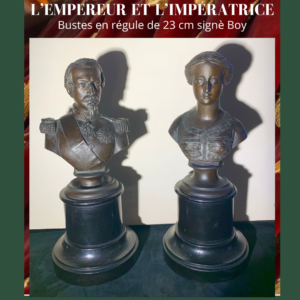 L'Empereur et l'Impératrice paire de bustes en régule sur piédouche signé Boy 23 cm